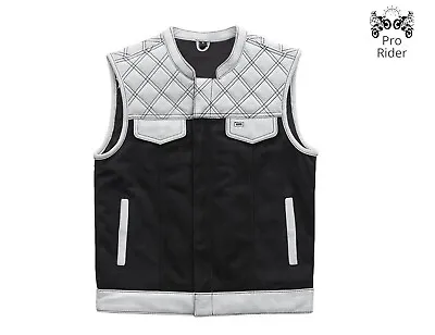 Men's White Leather Black Denim  Custom Made Motorcycle Biker Customized Vest • $90.71
