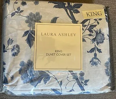 Laura Ashley Elise Rose Floral 3P King Duvet Set Cotton Reverses Porcelain Blue • $60