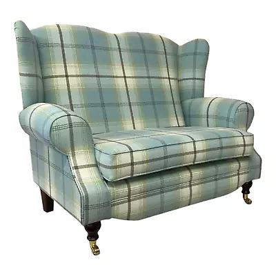 Wing Back Queen Anne Cottage Two Seater Sofa In Balmoral Duck Egg Blue Tartan • £819