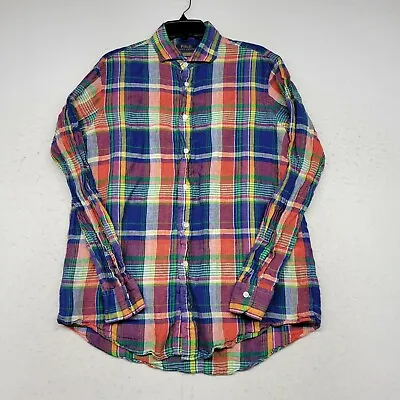 Ralph Lauren Polo Shirt Mens Large Blue Madras Plaid Linen Button Up Long Sleeve • $22.49