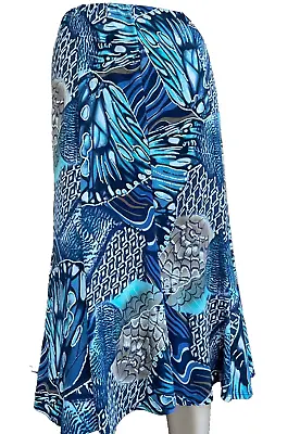 Saloos ~ Blue Navy & White Print Slinky Flared Elastic Waist Skirt ~ Size 12 • £10.99