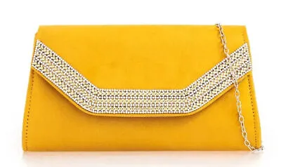 Womens Faux Suede Clutch Bag Diamante Trim Envelope Evening Prom Wedding Handbag • £14.90