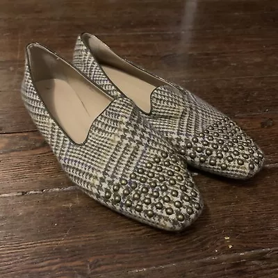 J. Crew Women's Slip On Darby Studded Tweed Flat Loafers 6.5 Brown Cap Toe Plaid • $40