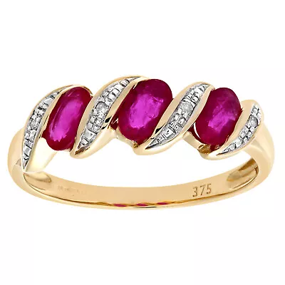 9ct Gold Jewelco London Diamond Oval Ruby Wavy Ribbon Pod Trilogy Ring 2mm • $396.62