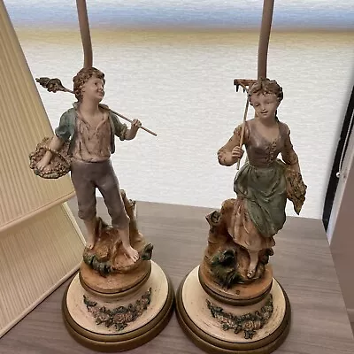 Set Of Vintage L & F Moreau Hand Painted Spelter Boy & Girl Table Lamps & Shades • $299