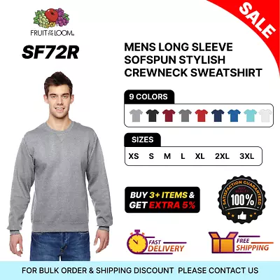 Fruit Of The Loom SF72R Mens Long Sleeve SofSpun Stylish Crewneck Sweatshirt • $18.99