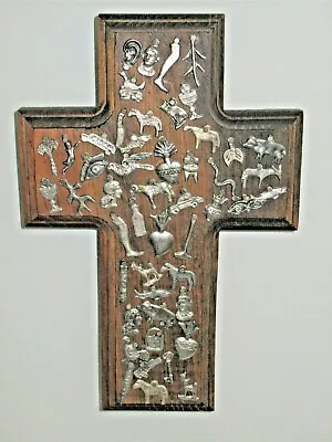 Vintage Folk Art Christian Cross Wood & Pewter Religious Wall Hanger • $59