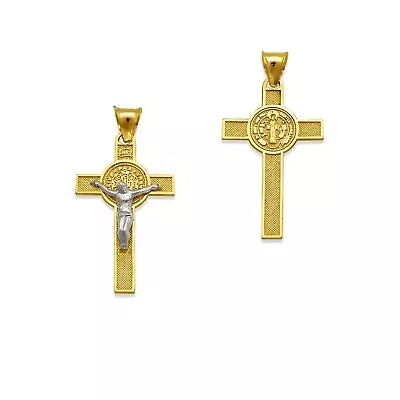 $111.20 • Buy 14K Solid Two Tone Gold Saint Benedict San Benito Christ Crucifix Cross Pendant