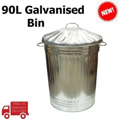 Galvanised Metal Bin Rubbish Waste Large 90L Dustbin Animal Feed Storage • £20.99