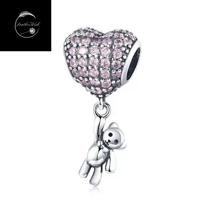 Genuine Sterling Silver 925 New Baby Girl Pink Heart Bear Dangle Pendant Charm • £16.99