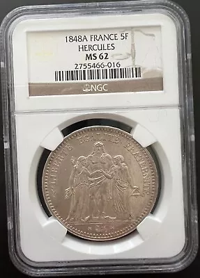 1848 A France 5 Francs Silver NGC MS62 - Hercules - Uncirculated Beauty! • $392