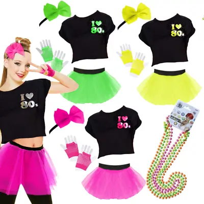 80s Neon TUTU FANCY DRESS TOP GLOVES HAIR BOW BEADS HEN PARTY COSTUME • £4.99