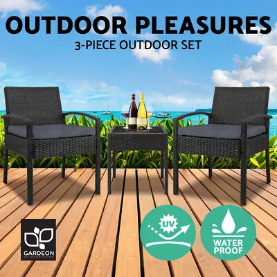 Gardeon Patio Furniture 3 Piece Wicker Outdoor Lounge Setting Rattan Set Cushion • $173.95