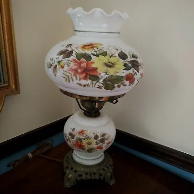 19  Vintage Hurricane Milk Glass Floral Desk Table Lamp Gone With The Wind Shade • $89