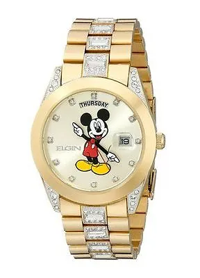 New Mens Elgin Disney Mickey Mouse MCK209 Day Date Gold Tone Bracelet Watch • $225