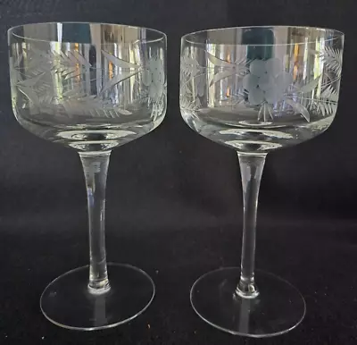 Vintage Pair Of Etched Crystal Floral Champagne Coupes Sherbet Glasses Stemware • $14.99