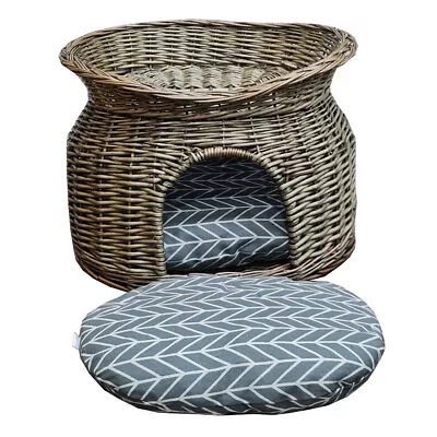 £34.98 • Buy Wicker Cat-House Pet Bed Basket Kitten Tower Cozy Cave Cushions Grey UKDC