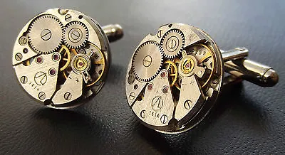 Round Watch Movement Steampunk Mens Wedding Vintage Silver Cufflink Cuff Links • £9.99