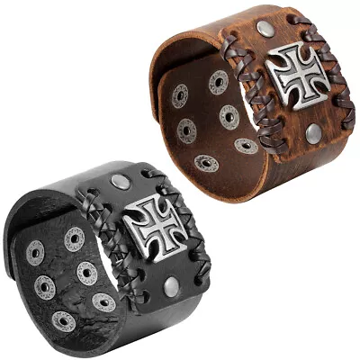 Men's Vintage Punk Rock Wide Leather Strap Cross Bracelet Cuff Wristband Gift • $9.99