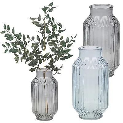 Tall Glass Table Vase Jar Flowers Centrepiece Ribbed Striped Design Blue Or Grey • £7.49