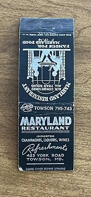 Maryland Restaurant Towson MD Matchbook Cover • $2.99