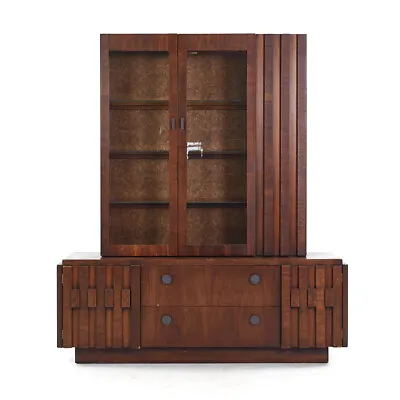 Lane Staccato Brutalist Mid Century Walnut Buffet And Hutch • $3595