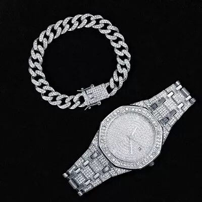 Women Mens Watch New Cuban Chain Hip Hop Jewelry Set Rhinestone Gold Watch Men • $16.94