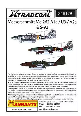 Xtra Decals 1/48 MESSERSCHMITT Me-262 A1a U3 A2a & S-92 Jet Fighters • $13.50