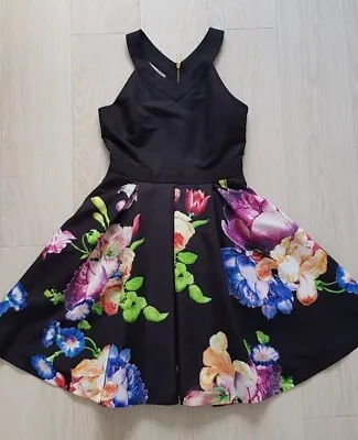 Ted Baker Illusia Tapestry Floral Flared Dress Black Size 3 UK 12 Party V Neck • £59.95