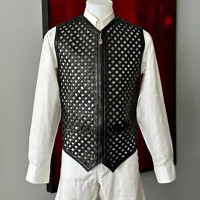1994 GIANNI VERSACE Black Leather Vest W/ An Open Lattice Feature In The Front • $4889.99