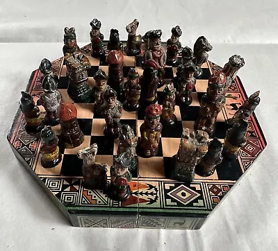 Vintage Mexican Aztec Design Chess Set Clay Hand Made Wooden Box Board Small • $49.99