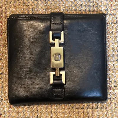 GUCCI Black Leather Unisex Trifold Jackie Wallet Vintage With Clasp • $650