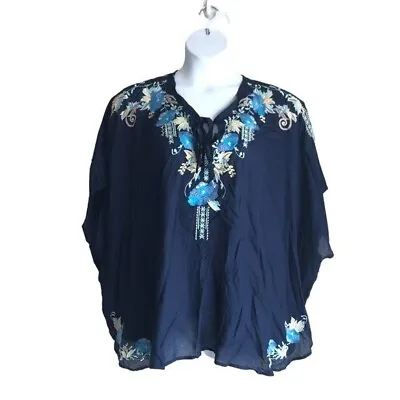 Reba Women's Blouse Plus 2X Floral Embroidered Poncho Bat Sleeve 100% Rayon • $29.91