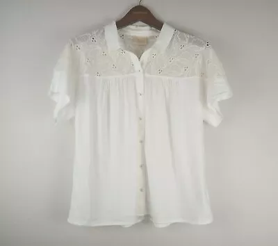 Anthropologie Vanessa Virginia Blouse White Button SIZE 6 Embroidered Sheer Top • $18