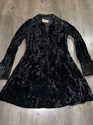 Vintage Black Crushed Velvet Skater Dress Mini Size Small Dagger Collar Sequins • $29.95