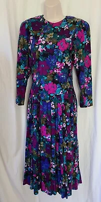 Vintage 80's Expo Floral Pleated Flare Drop Waist  Maxi Dress Made In USA Size 4 • $24.99