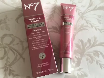 No.7. New Restore & Renew Face & Neck Multi Action Serum Large 50 Ml.. BOXED. • £11.95