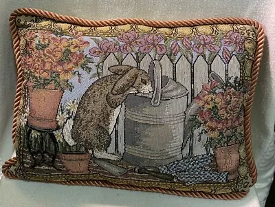 Tapestry Throw Pillow Rabbit Easter Bunny Garden VTG Gray Peach Tan 17” X 13” • $7.20