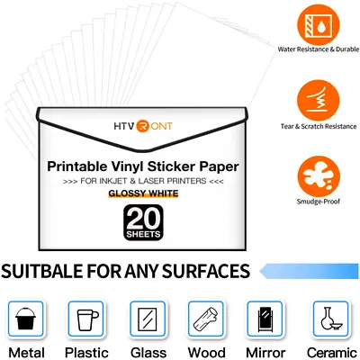 £11.69 • Buy 20sheets Printable Vinyl Sticker Paper Glossy White Decal Cricut Inkjet Printer