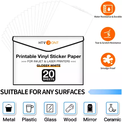£11.69 • Buy 20sheets Printable Vinyl Sticker Paper Glossy White Decal Cricut Inkjet Printer