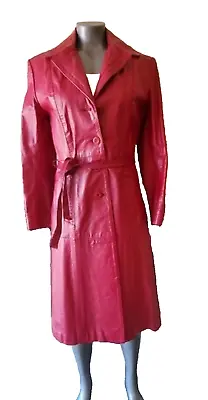 Vintage Red Leather Trench Coat 1970s Brazilian Midi Leather Trench Coat Sz S • $129.99