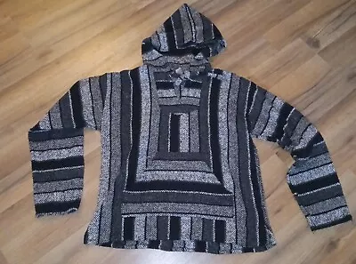 Pancho Mexican Hooded Sweatshirt Large Mens Beachwear Hoodie Bum Stripes Black L • $18.99