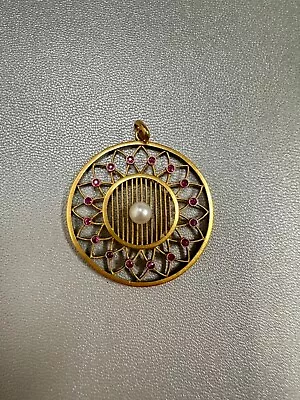 Vintage 18K Yellow Gold Pearl And Ruby Openwork Pendant • $475