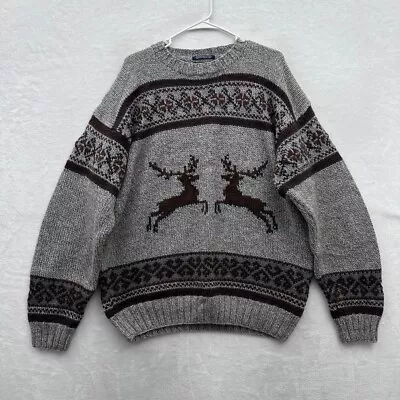 Tommy Hilfiger Sweater Mens L Gray Wool Hand Knitted Aztec Deer Heavyweight • $49.95