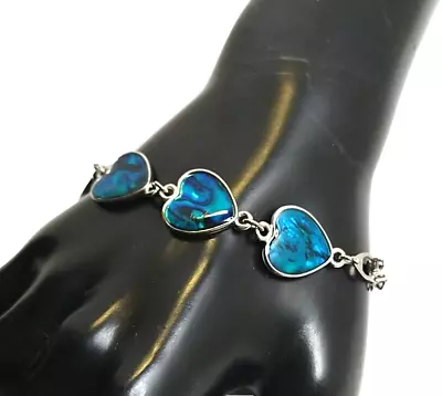 Blue Heart Shaped Panel Link Bracelet Vintage 1960's Fold Over Clasp 8  • $12