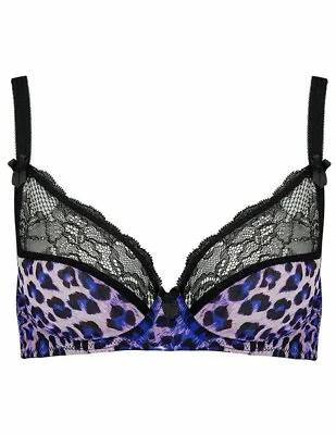 Mimi Holliday Purple Leopard Print Silk+Black Lace Unlined Comfort Bra 32C💜$87 • $39.99