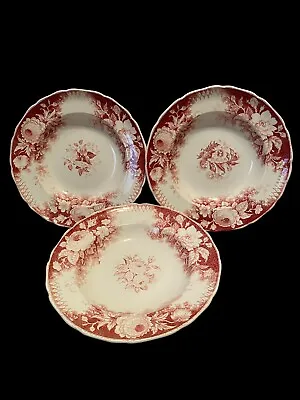 3 Antique Old Waller Porcelain Sloe Bodkin Red Pink Transferware 8.5” Soup Bowls • $150