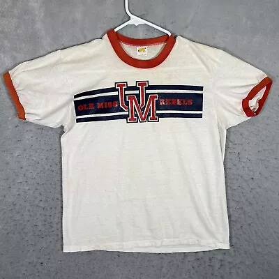 A1 Vintage 70s Russell Athletics Ole Miss Rebels T Shirt Adult Medium White Mens • $27.99