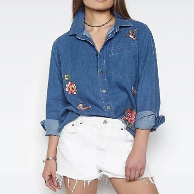 $99.99 • Buy LAUREN MOSHI Blue Denim Garden Party Button Down Shirt Top - M