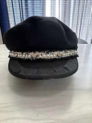 Greek Fisherman Cap Hat Black Wool Fancy With Faux Pearls & Diamonds • $37.60